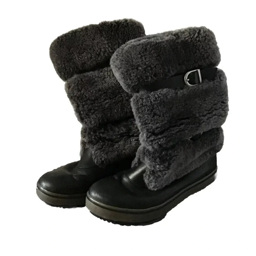 UGG Australia Black Leather Grey Shearling Buckle Mid Calf Winter‎ Boots Womens